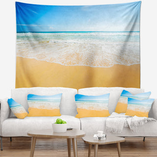 Long Waves on Sand under Blue Sky Seascape Wall Tapestry, 39"x32"