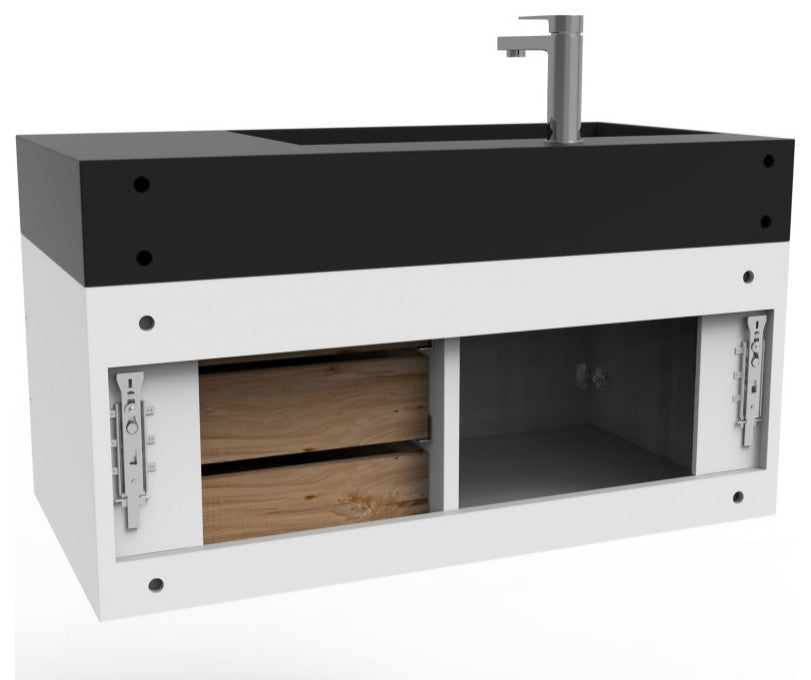 CastelloUSA Amazon 36" Wall Mount Vanity Set, White, Black Top, Gold Handles