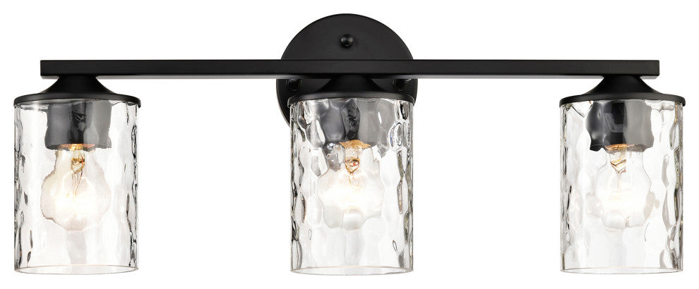 3-Light 21 in. Matte Black Vanity Light With Hammered Clear Glass Shades