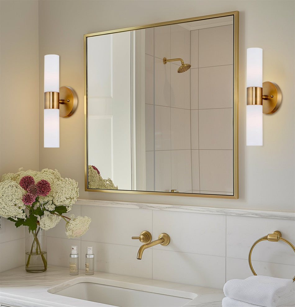 Kira Home Duo 14" Wall Sconce, Frosted Glass Shades, for Bathroom/, Warm Brass