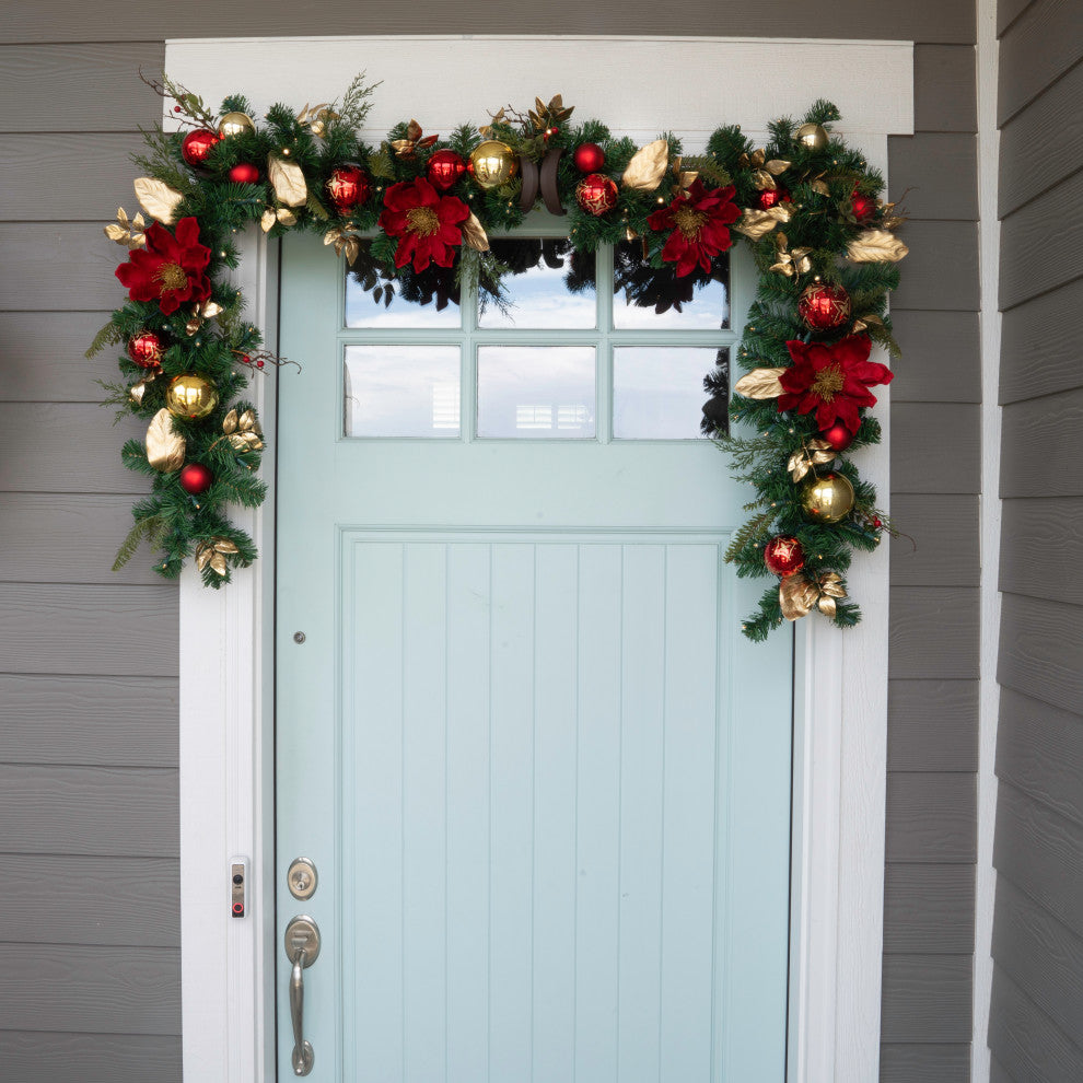 9' Artificial Christmas Garland with Lights, Golden Leaf Red Magnolia