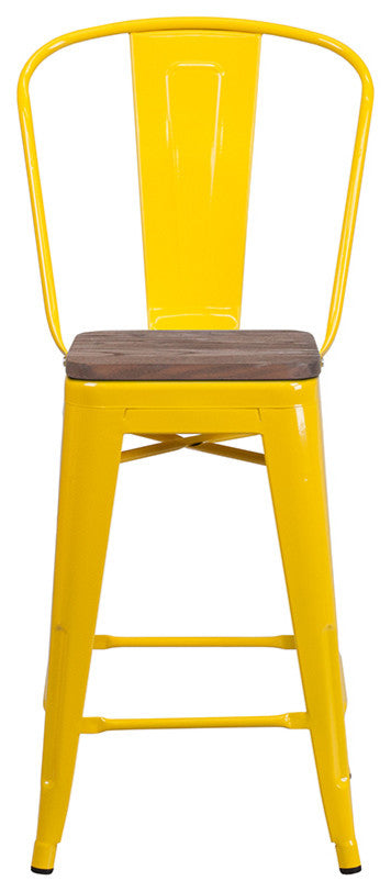 24" High Yellow Metal Counter Height Stool With Back and Wood Seat