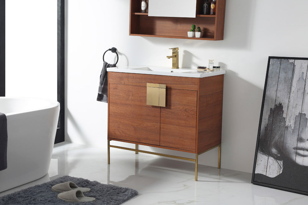 Modern Wallnut Bathroom Vanity Set, Satin Brass Hardware, Vireous China Sink Top