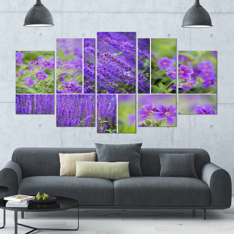 Blue Spring Flowers Collage, Floral Canvas Art Print, 60"x32", 5 Panels