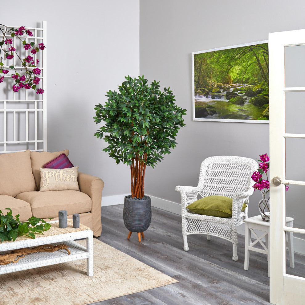 6' Lychee Artificial Tree, Gray Planter With Stand