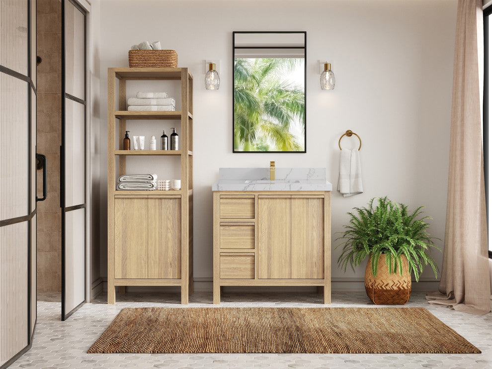 Elizabeth Oak 36" Center Sink Vanity, White 2" Venatino Quartz