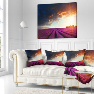 Stunning Lavender Field Under Cloudy Sky Floral Throw Pillow, 18"x18"