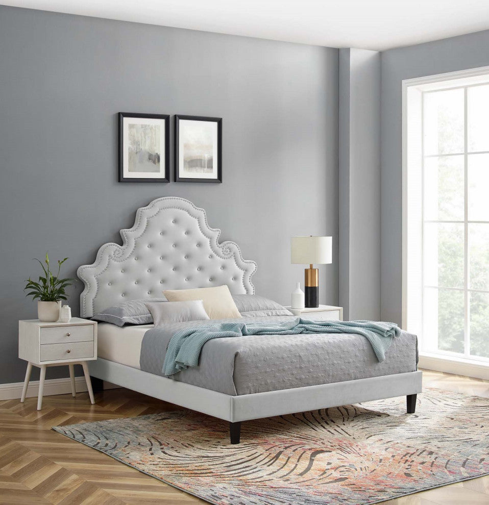 Tufted Platform Bed Frame, Twin Size, Velvet, Gray, Modern Contemporary