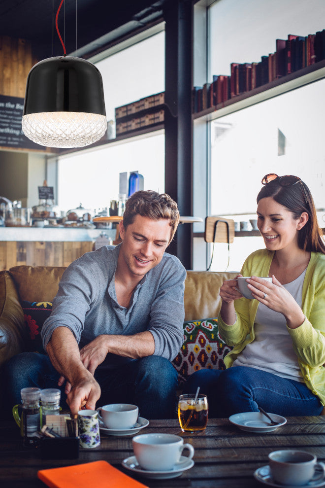 Corson Modern Light Pendant Polished Black Metal Shade With Casted Weave Glass
