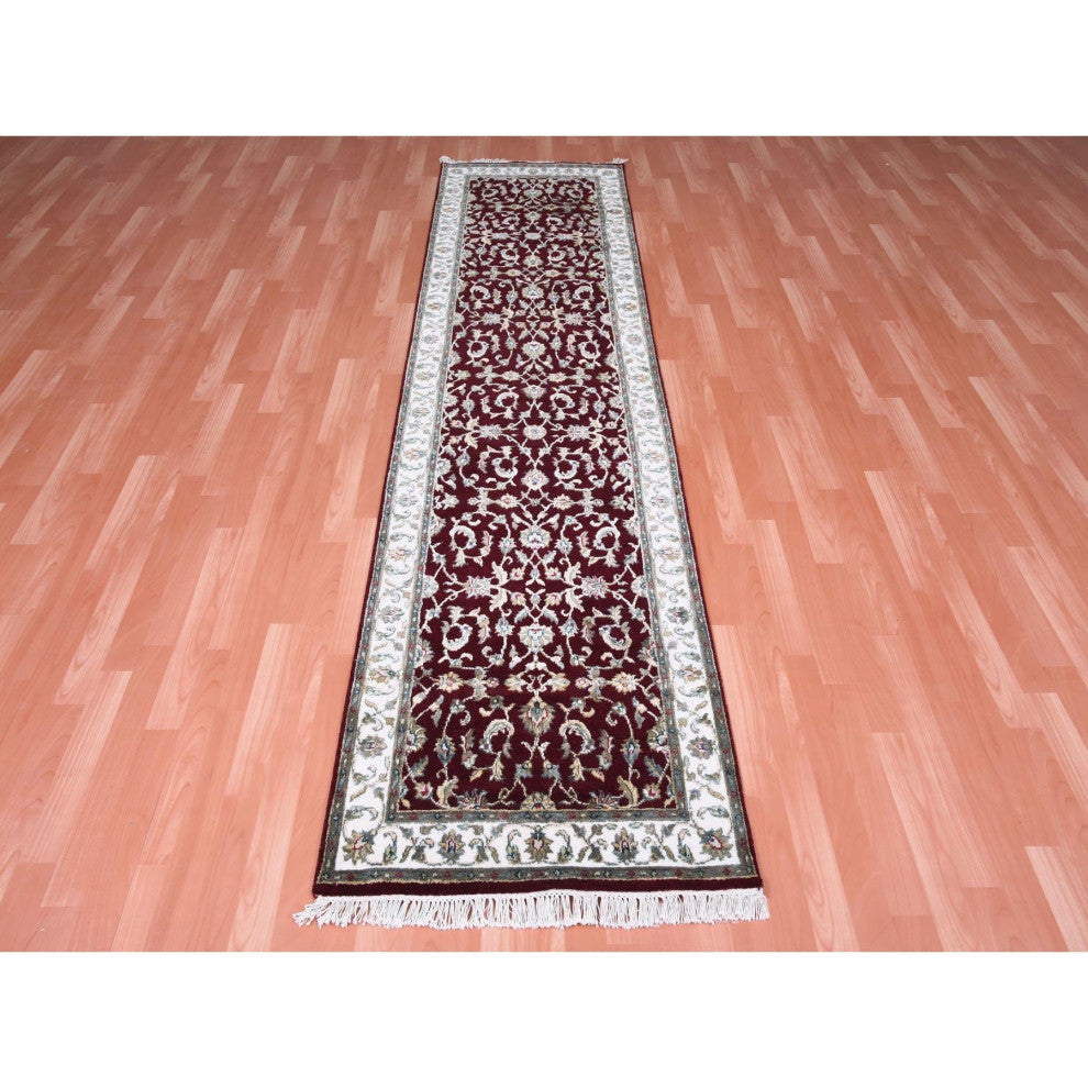 Burgundy Red, Wool and Silk, Hand Knotted, Rajasthan, Runner, Rug, 2'7" x 10'0"
