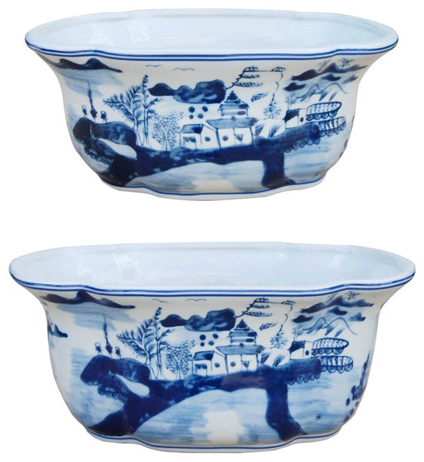 Set of 2, Blue and White Blue Willow Planeter