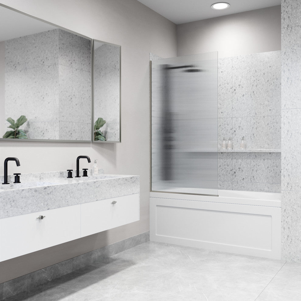 VIGO Zenith Frameless Fixed, Stainless Steel, Tub Screen, 34" W X 62" H, Fluted Glass