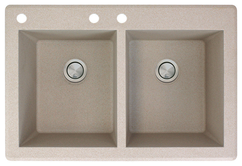 Radius 33" silQ Granite Double Bowl Kitchen Sink with 3 Holes in Cafe Latte