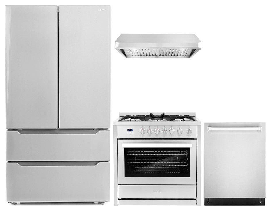 4-Piece, 36" Gas Range, 36" Range Hood, 24" Dishwasher and Refrigerator