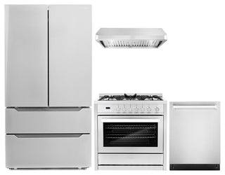 4-Piece, 36" Gas Range, 36" Range Hood, 24" Dishwasher and Refrigerator