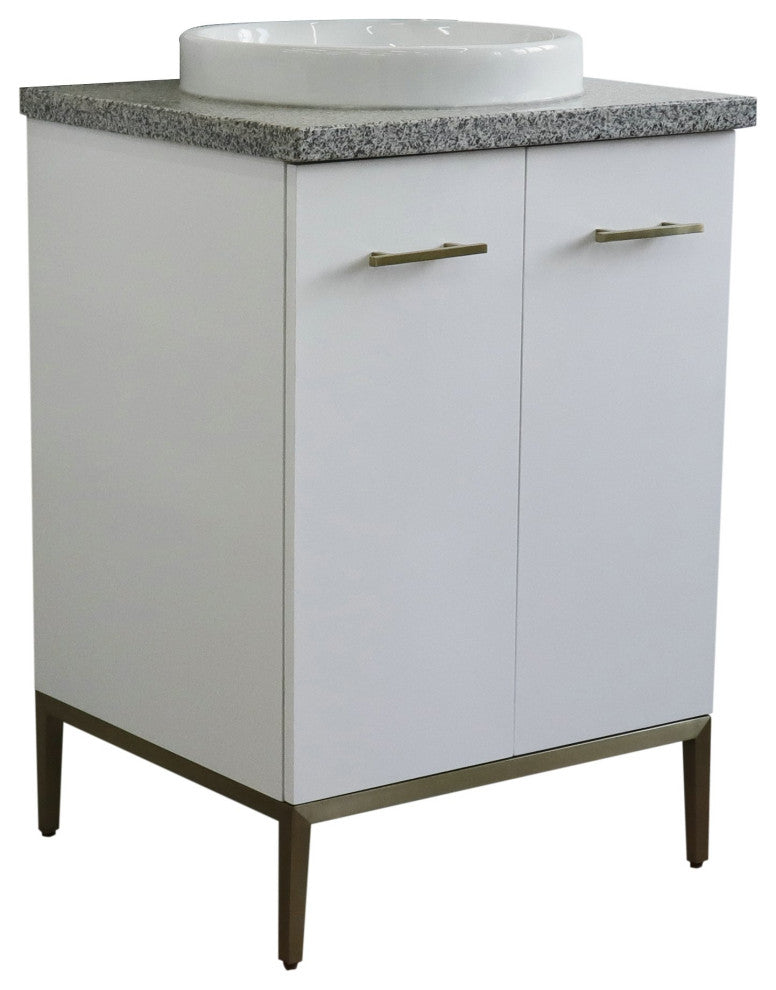 25" Single Sink Vanity, White Finish With Gray Granite And Round Sink