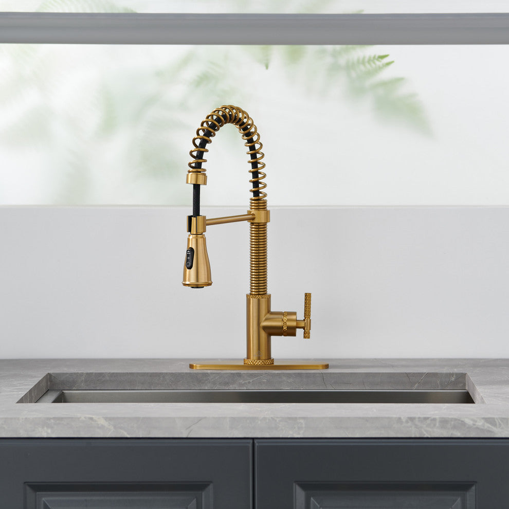 Single Handle Kitchen Faucet Pull-Down Sprayer, 360 Swivel, Three Functions, Brushed Gold