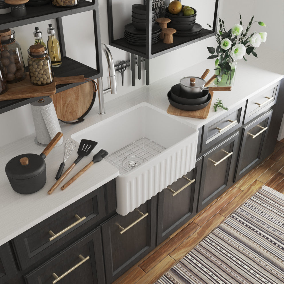 24" Small Farmhouse Ceramic kitchen Sink with Bottom Grid and Strainer