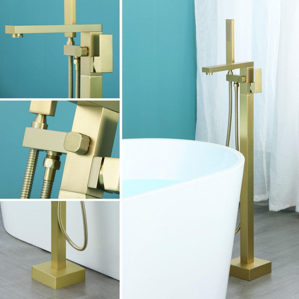Wellfor Waterfall Floor Mounted Tub Faucet With Hand Held Shower, Brushed Gold
