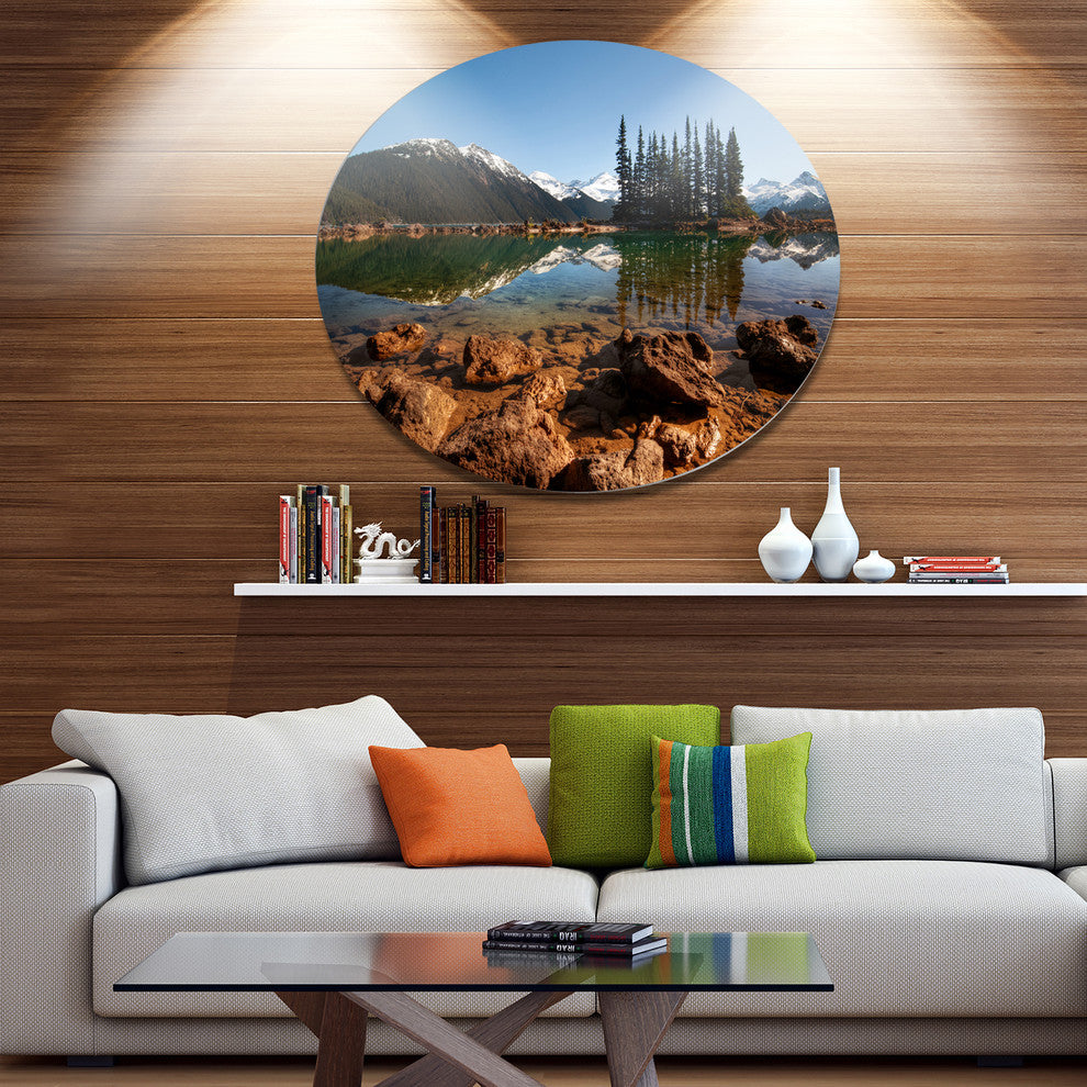 Beautiful Clear Lake With Pine Trees, Landscape Disc Metal Artwork, 11"
