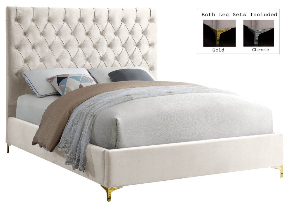 Cruz Velvet Upholstered Bed, Cream, Queen