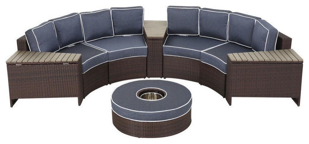 Mia Outdoor 4-Seater Wicker Curved Sectional Set With Wedge Tables, Navy, Ice Bucket Ottoman