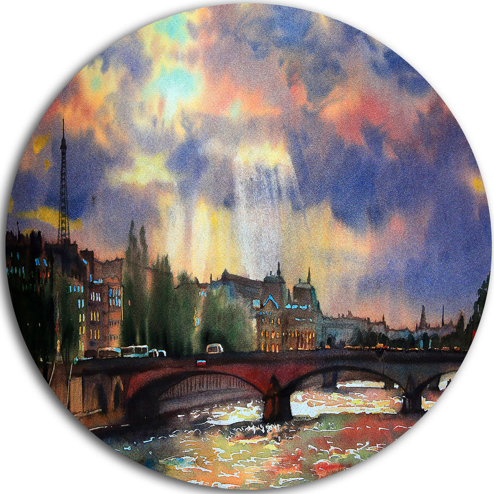 Fabulous Paris City Watercolor, Photography Round Metal Wall Art, 11"