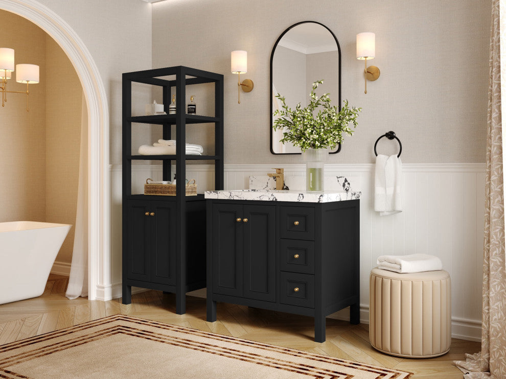 Nashville 36" Left Offset Bath Vanity, Black 2" Calacatta Nuvo
