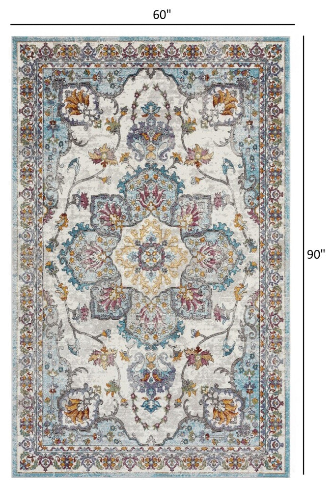 5" x 8" Blue and Ivory Center Medallion Area Rug