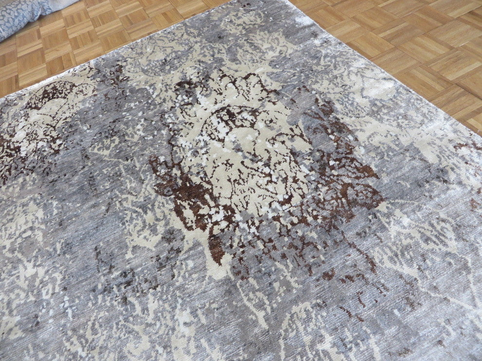 6x9 Handmade Gray Modern Abstract Oriental Rug With Silk