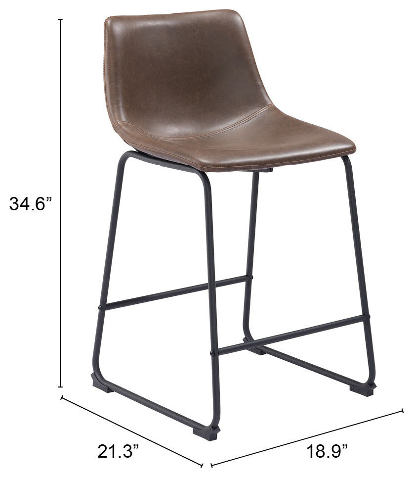 Counter Chair, Set of 2, Faux Vinyl Leather, Vintage Brown Black, Industrial