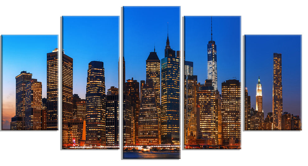 Night New York City Panorama, Gold, Extra Large Canvas Print, 60"x32", 5 Panels