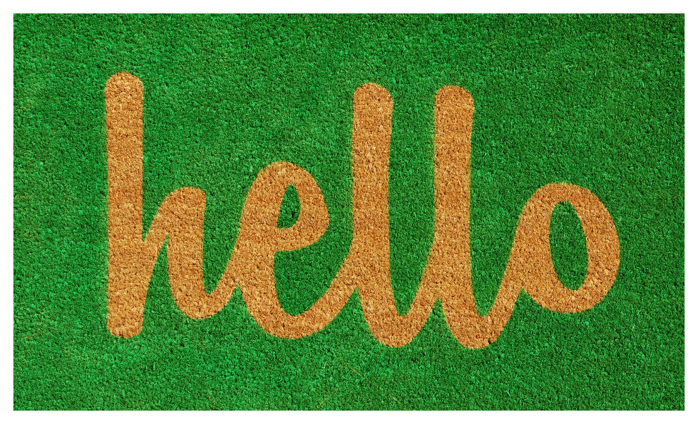 Hello Doormat Green/Natural Script, 17"x29"