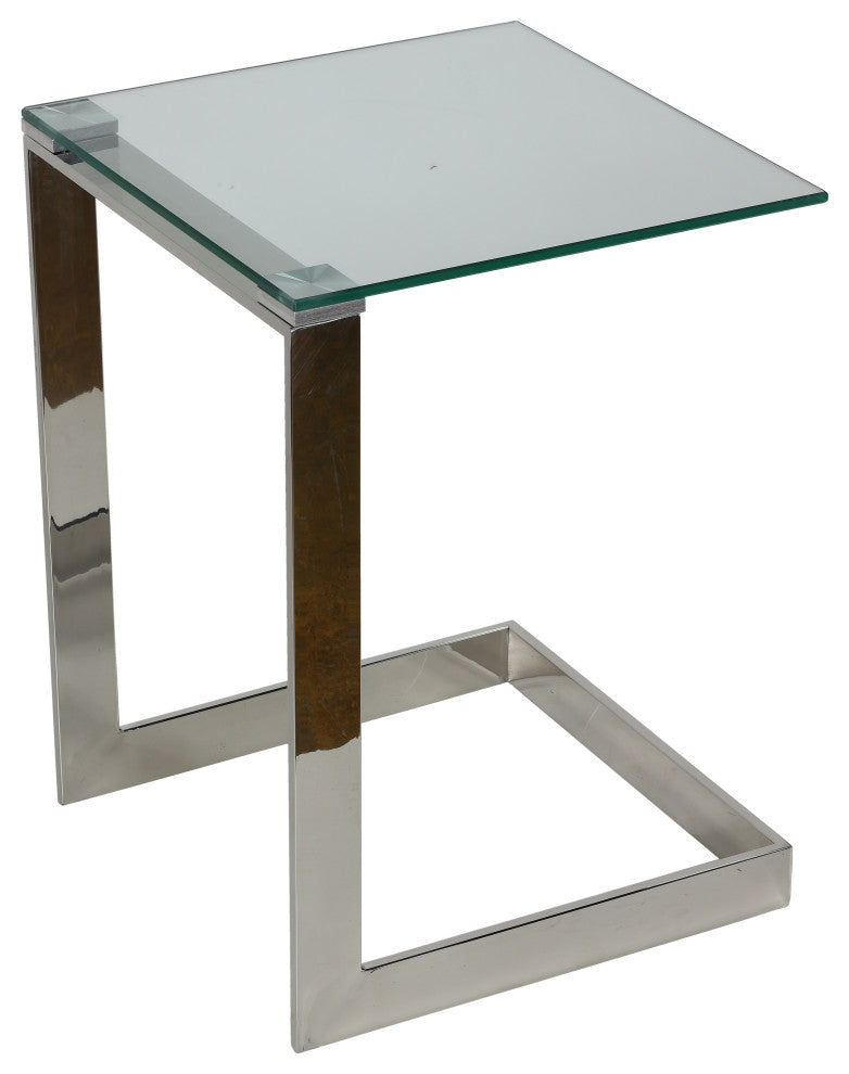 Cortesi Home Zulu End Table, Stainless Steel With Glass Top, C Shape 16x16
