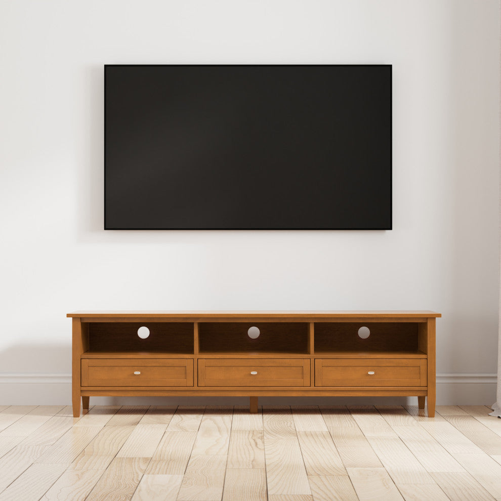 Warm Shaker SOLID WOOD 72" Low TV Media Stand For TVs up to 80", Light Golden Brown