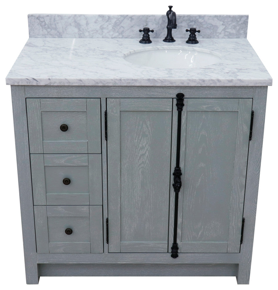 37" Single Vanity, Gray Ash With White Carrara Top, Right Doors/Right Oval Sink
