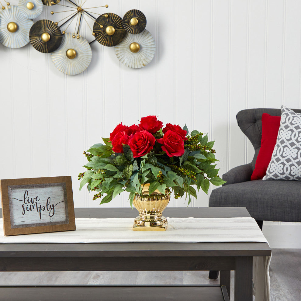 14" Rose Artificial Arrangement, Gold Urn