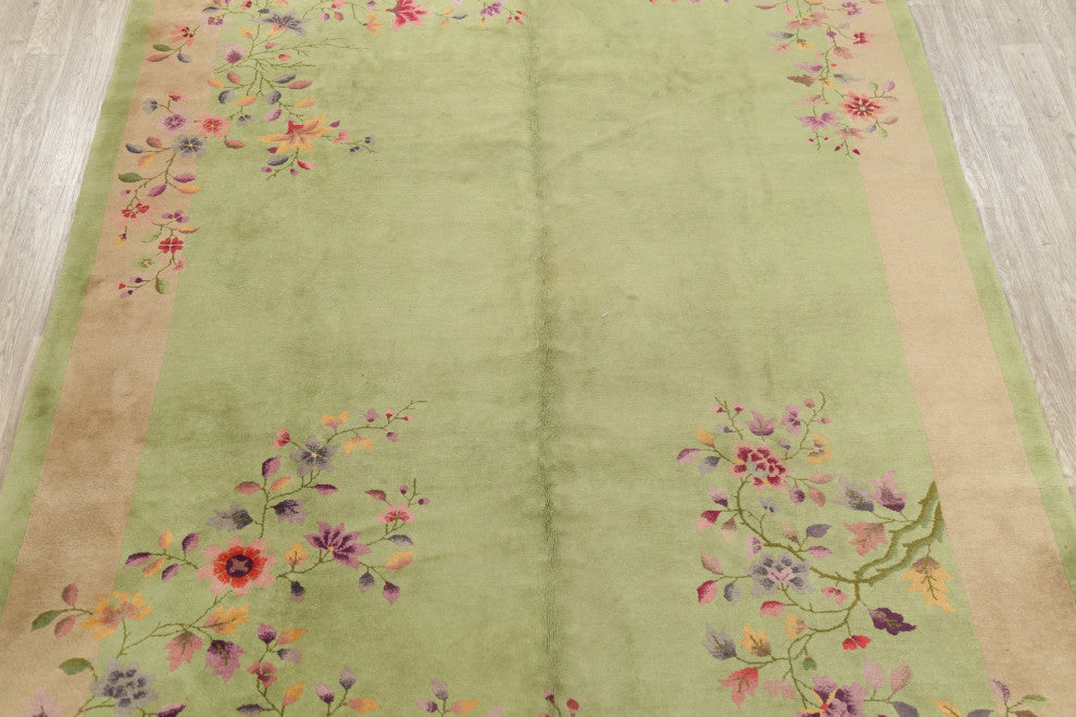 Consigned, Vintage Floral Area Rug Art Deco Oriental Hand-Knotted, Green, 9 X 12