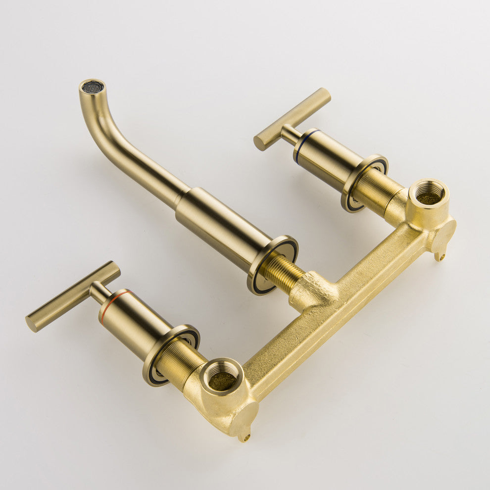 Luxury Dual Handle Wall Mounted Bathroom Faucet, Brushed Gold