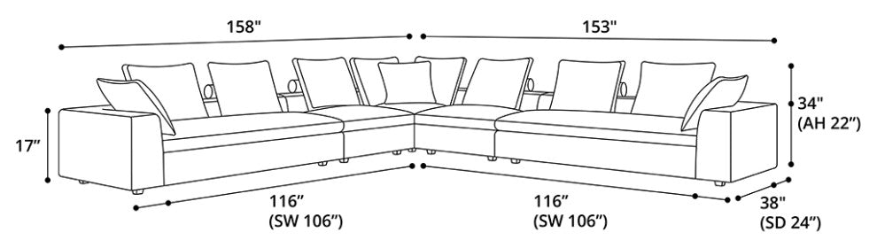 Lucerne Modular Chaise, Ashen Fabric, Ashen Fabric, Set04-5pc