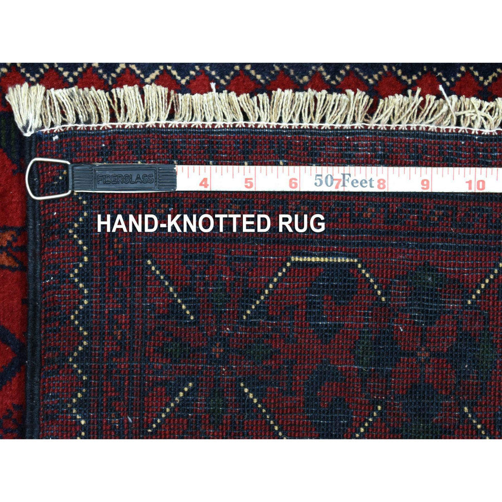 Red Hand Knotted Tribal Design Wool Afghan Khamyab Runner Rug, 2'9"x13'0"