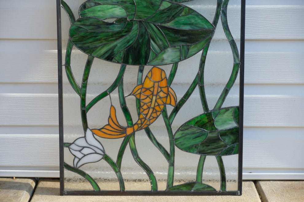 20.25" x 34.5" Fish Play Lotus Leaf Tiffany Style glass window panel