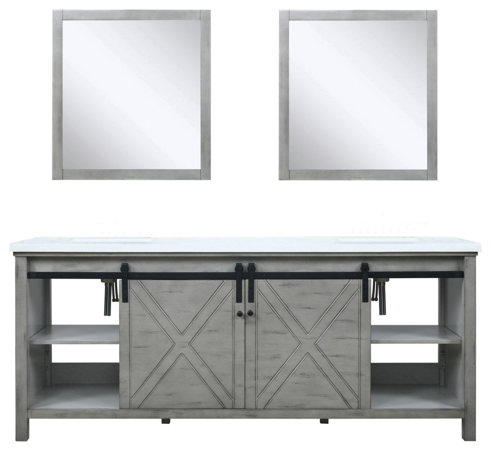 Marsyas 80" Ash Gray Double Vanity Ash Gray Quartz Top Sinks, 30" Wall Mirrors