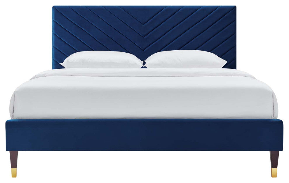 Platform Bed Frame, Queen Size, Blue Navy, Velvet, Modern, Bedroom Guest Suite
