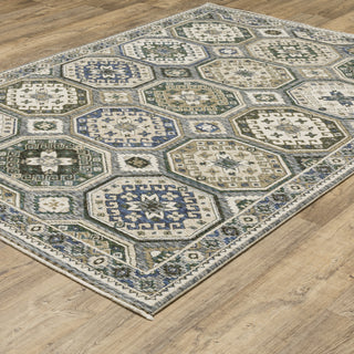 Hanford Panel Medallion Ivory/Blue Fringe Edge Area Rug 6'7" x 9'6"