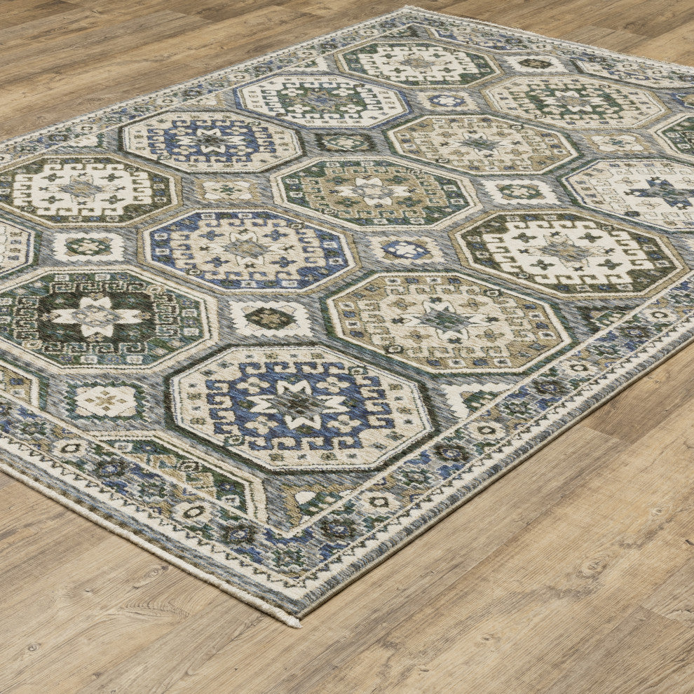 Hanford Panel Medallion Ivory/Blue Fringe Edge Area Rug 6'7" x 9'6"