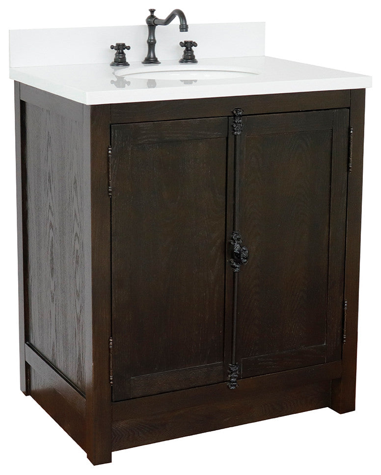 30" Single Vanity, Brown Ash, White Engineered Stone Top, Oval Sink