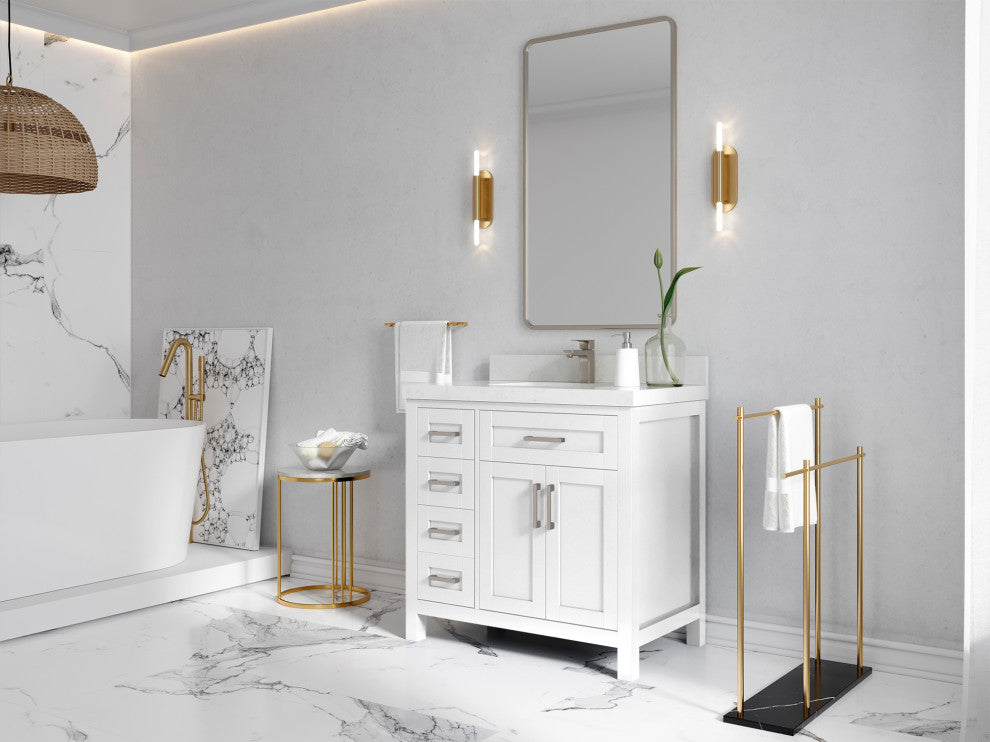 Cambridge 36 Center Sink Bath Vanity in White 2" Calacatta Nuvo
