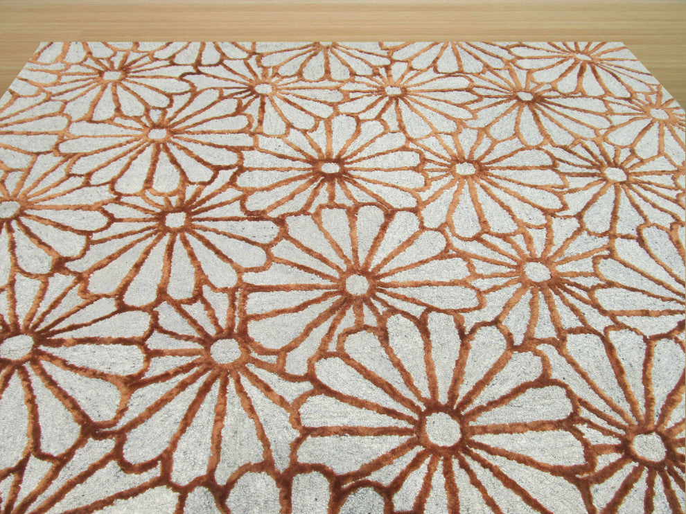 Hand-Tufted Wool and Viscose Ivory Transitional Trellis Sunflower Rug, 8'9x11'9