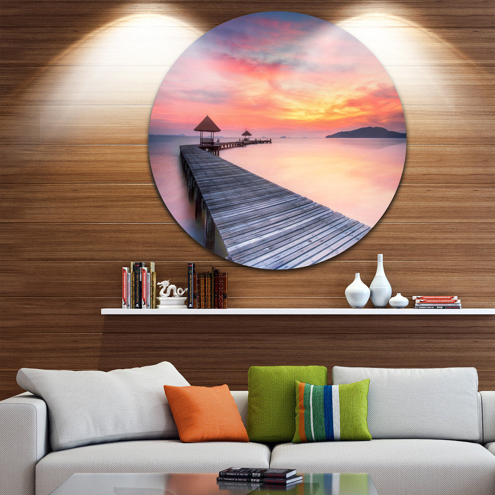 Stylish Wooden Bridge And Beach Sky, Sea Pier Disc Metal Wall Art, 36"